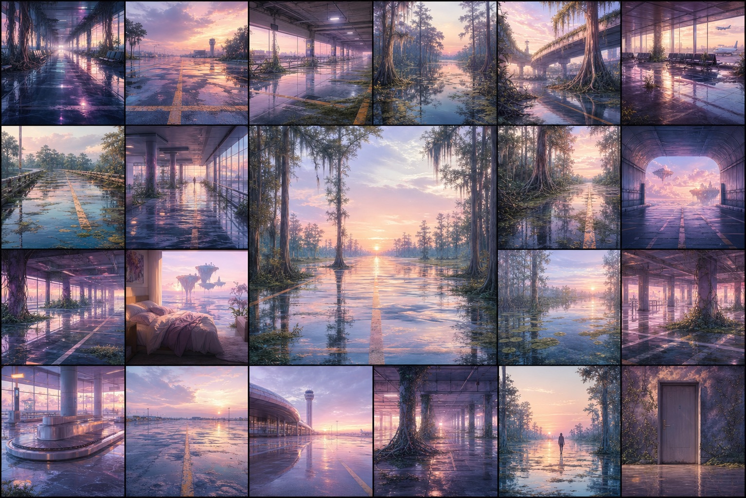 Pastel collage of flooded airport terminals, cypress wetlands, reflective roads, moss-covered concrete, and an impossible doorway